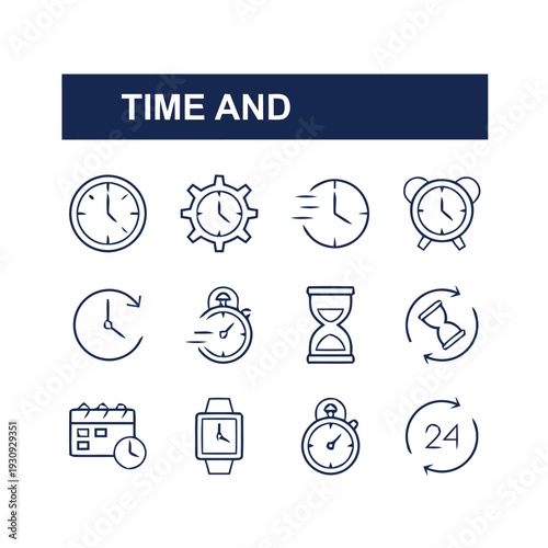 Collection of time related icons including clocks, watches, and hourglass