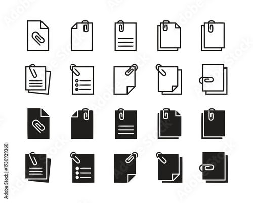 Document and paperclip icon collection in outline and solid styles