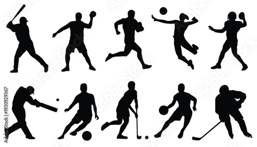 Dynamic silhouettes of athletes engaged in various sports and recreational activities