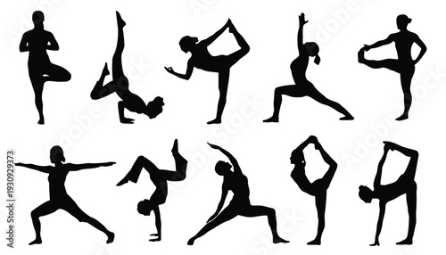 Diverse collection of eleven human silhouettes in challenging yoga poses