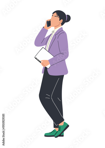 Flat illustration of a professional woman holding a smartphone and notebook, wearing a purple blazer, dark pants, and green sneakers. Isolated on transparent background.