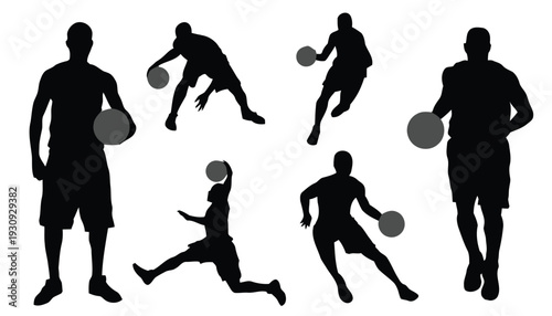 Dynamic silhouettes of basketball players in action, dribbling, shooting, and jumping, sports recreation