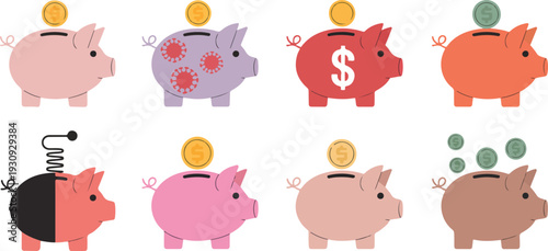 Piggy Bank Financial Concept Vector Set Showing Savings Profit Loss Virus Impact and Economic Risk Flat Illustration