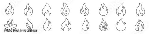 Fire flame and campfire icon set with various burning heat shapes