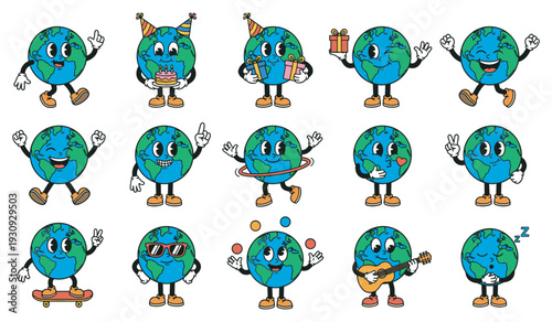 Cartoon Earth characters collection showing various emotions and activities, celebrating and having fun in a groovy retro style.