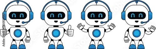 Cute cartoon robot character vector set featuring friendly futuristic android mascots in playful technology illustration collection