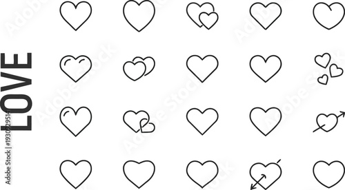Collection of various heart shapes and symbols representing love and emotions
