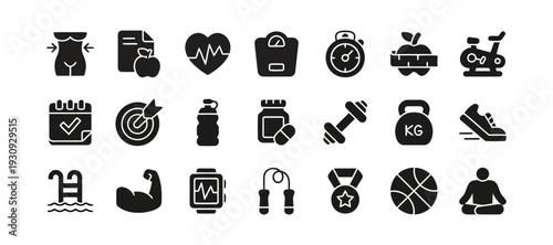 Fitness and sports icons representing healthy lifestyle and exercise activities