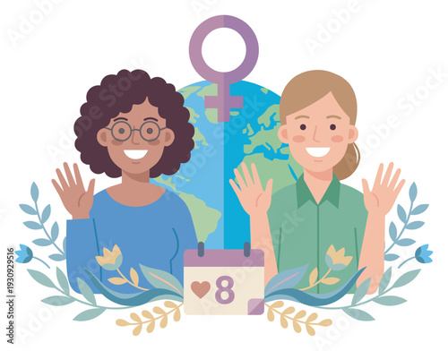 Two happy women celebrate International Women's Day globally, standing together with a globe and female symbol, advocating for gender equality and empowerment.