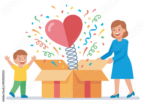 Woman and boy open gift box revealing a surprise heart on a spring with colorful confetti and streamers bursting out in celebration.
