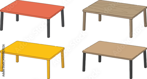Wooden and modern tables cartoon vector illustration set featuring furniture collection isolated on clean background