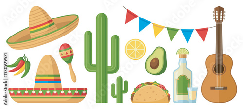 Mexican cultural food and music items collection features traditional sombreros, maracas, cacti, and delicious cuisine elements.