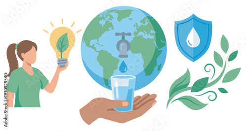 Environmental protection, water conservation, and green energy concepts are illustrated with symbolic elements like a globe, lightbulb, and shield.