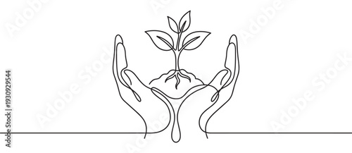 Hands holding a growing plant seedling with roots and leaves symbolizes environmental protection and new life.