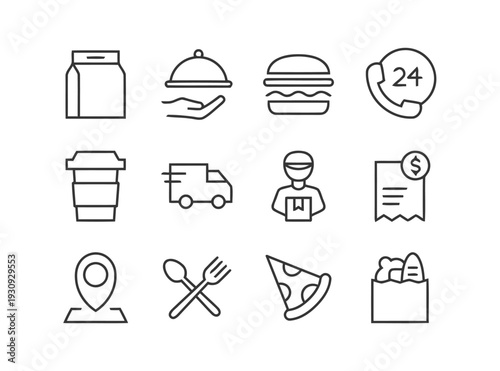 Food delivery service line icons for mobile applications and websites