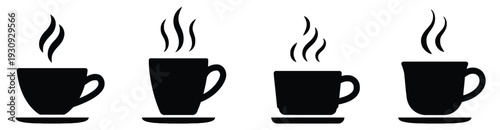 Four black coffee cups with steam rising, indicating hot beverages