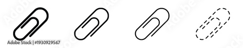 Four black and white icons of paper clips in different styles and perspectives