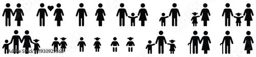 Family icon set people figures diverse human groups relationships parents children elders