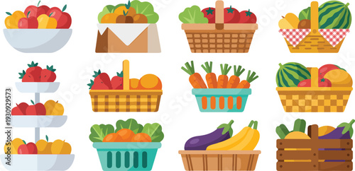 Fresh fruit and vegetable basket collection line art set with organic produce grocery container illustration
