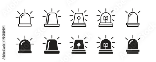 Emergency siren flasher line and silhouette icon collection for security systems