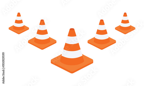 Group of orange traffic cones arranged in a formation on white background