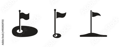 Golf flag on green course and sand dune isolated black icons