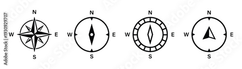 Compass rose and directional compass icons for navigation and orientation in exploration
