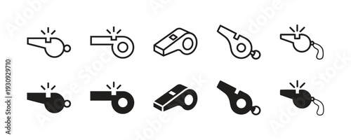 Collection of whistle icons, different styles and fills for sports and safety applications