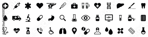 Comprehensive collection of healthcare and medical icons in black silhouette