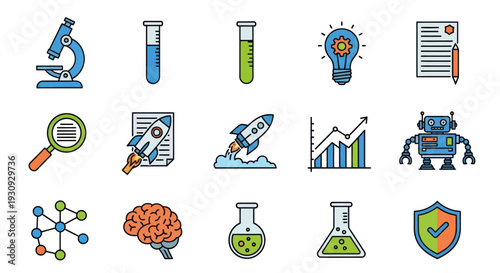 Science and Technology Icons: Microscope Test Tubes Rocket Brain Robot and More.