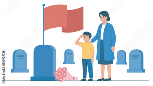Mother and son visit cemetery to honor a fallen hero, showing respect and remembrance for their sacrifice and service.