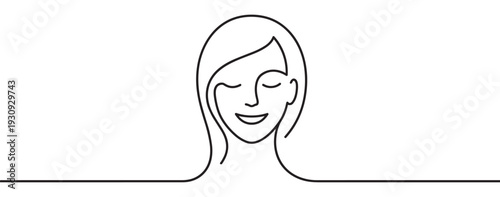 One line drawing of a woman's face with closed eyes and a gentle smile, symbolizing tranquility, beauty, and well-being.