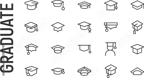 Graduate cap and academic icons for education and graduation ceremonies