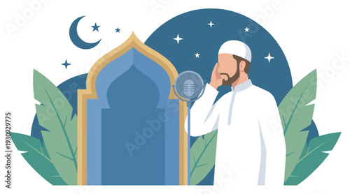 Muslim man making the call to prayer (Adhan) into a microphone in front of a mosque archway under a starry night sky.