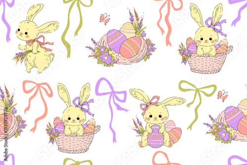 Easter cute pattern in pastel colors drawn by hand. Rabbits with painted eggs and flowers, nest with eggs, bunny in basket and bows on white background. Festive seamless design.
