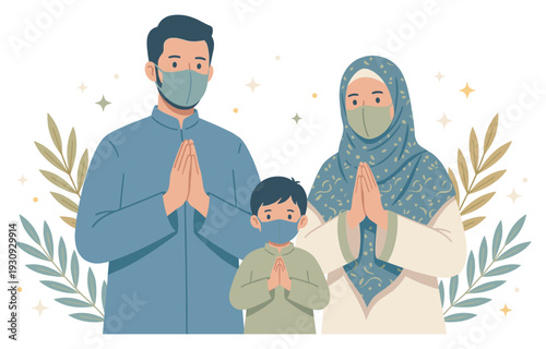 Muslim family wearing face masks making traditional greeting gesture during a festive occasion with elegant decorative elements.