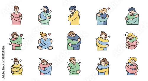 Diverse cartoon people hugging themselves wrapped in blankets or scarves illustrating comfort and self-care.