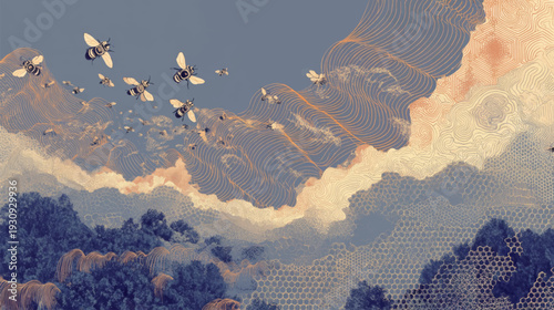 Ornamental Honey Bee Flight Over Stylized Mountain Landscape with Flowing Contour Sky in Art Nouveau Vector Poster Design