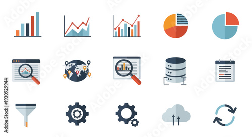 A colorful flat icon set for data analysis business intelligence and information technology.