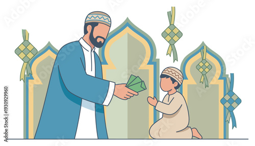 Muslim man gives money to a young boy kneeling in traditional attire during the festive Eid al-Fitr celebration.