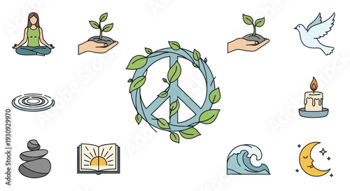 Collection of Symbols Representing Peace Nature and Well-being.