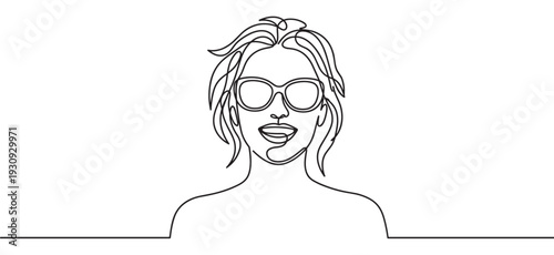 Continuous line drawing woman wearing sunglasses smiling with a happy expression, capturing a carefree and joyful mood.