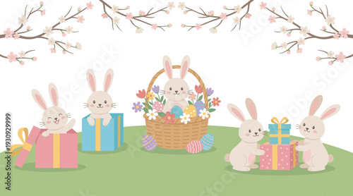 Adorable cartoon bunnies celebrate Easter with colorful eggs and festive gifts, enjoying the arrival of spring under blooming cherry blossom branches.