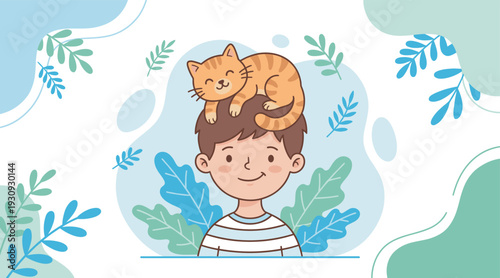 Cute cartoon boy with a happy cat sleeping peacefully on his head, enjoying a moment of calm and companionship.