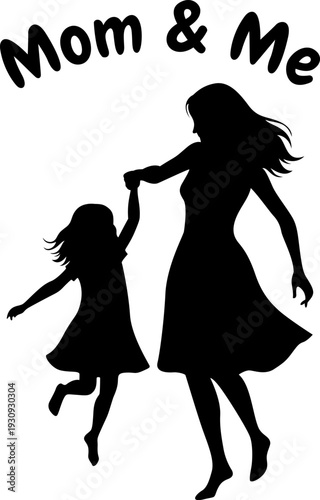 Mom and Me Mother's Day Shirt SVG - Mom and daughter silhouette illustration with Mom & Me lettering for Mother's Day t-shirt design.