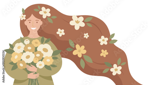 Smiling woman holding a beautiful bouquet of flowers with long flowing hair adorned with blossoms and green leaves, celebrating nature.