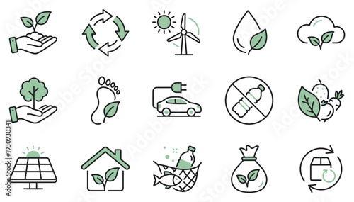 Eco friendly sustainability icons representing environmental protection, renewable energy, and responsible consumption for a healthier planet.