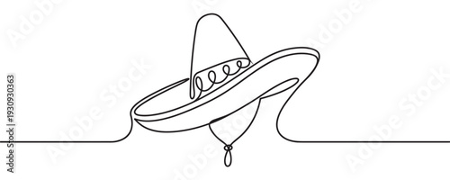 Traditional Mexican sombrero hat drawn in a continuous single line art style, symbolizing vibrant culture, festive celebrations, and traditional heritage.