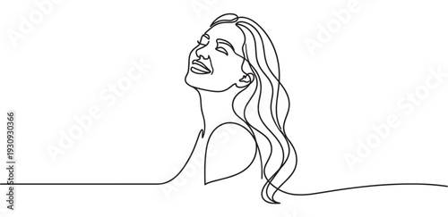 Continuous line drawing woman's face looking up with a peaceful expression, feeling the warmth of the sun and embracing freedom.