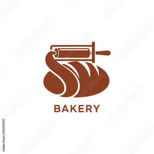 Modern bakery logo design with bread and a rolling pin in a fluid style